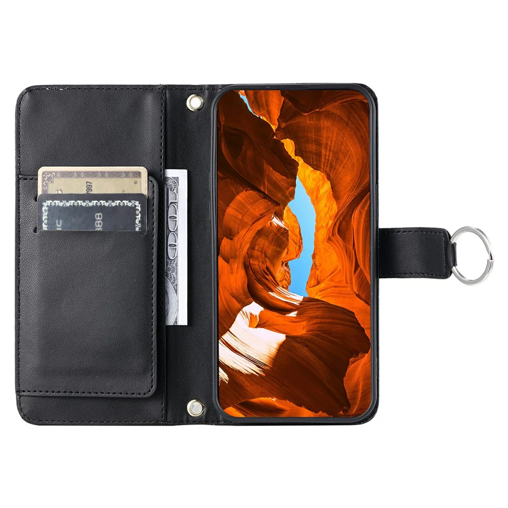 For iPhone 17 Pro Max Case Ring Buckle Wallet Stand Rhombus Crossbody Leather Mobile Cover - Black - Image 2