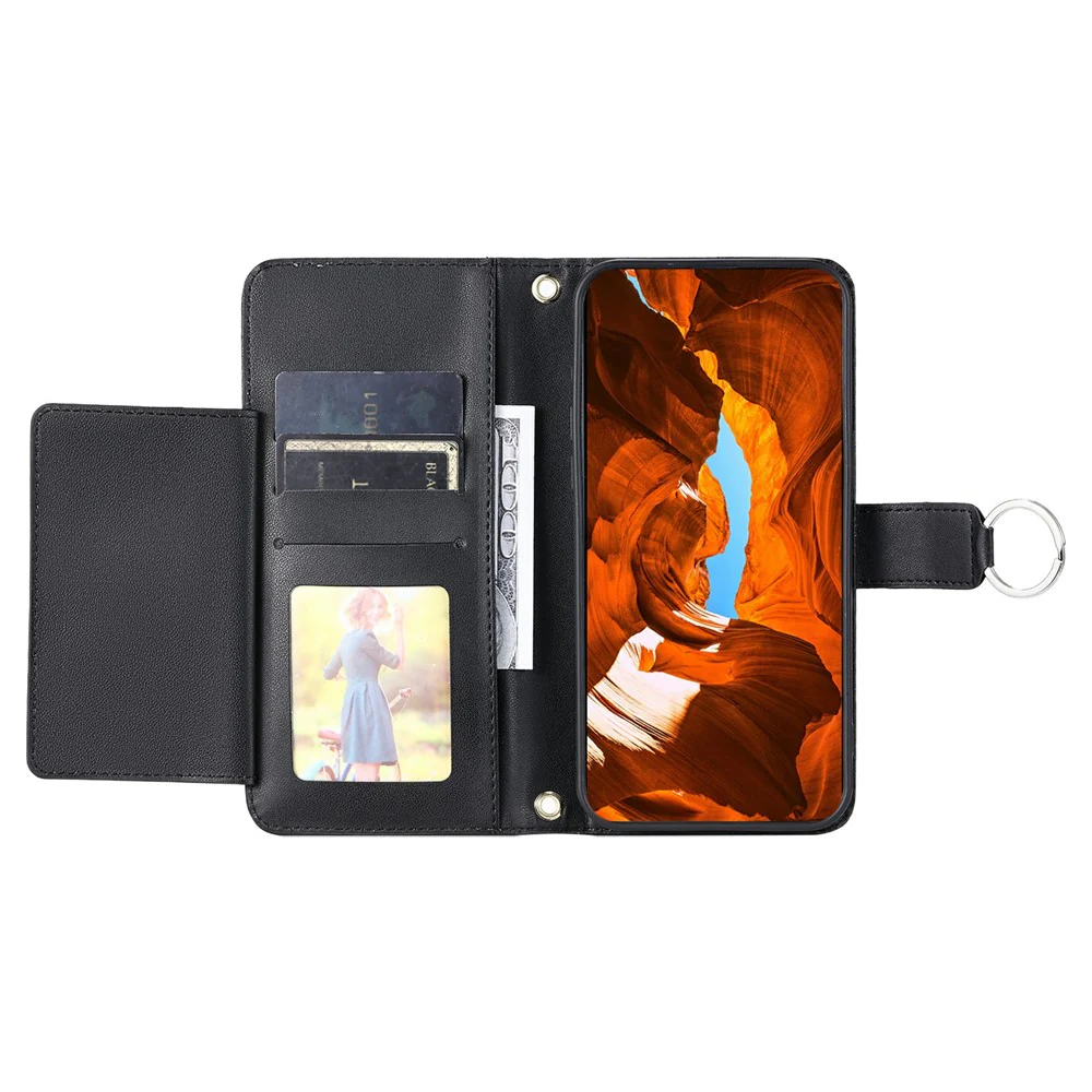 For iPhone 17 Pro Max Case Ring Buckle Wallet Stand Rhombus Crossbody Leather Mobile Cover - Black - Image 3