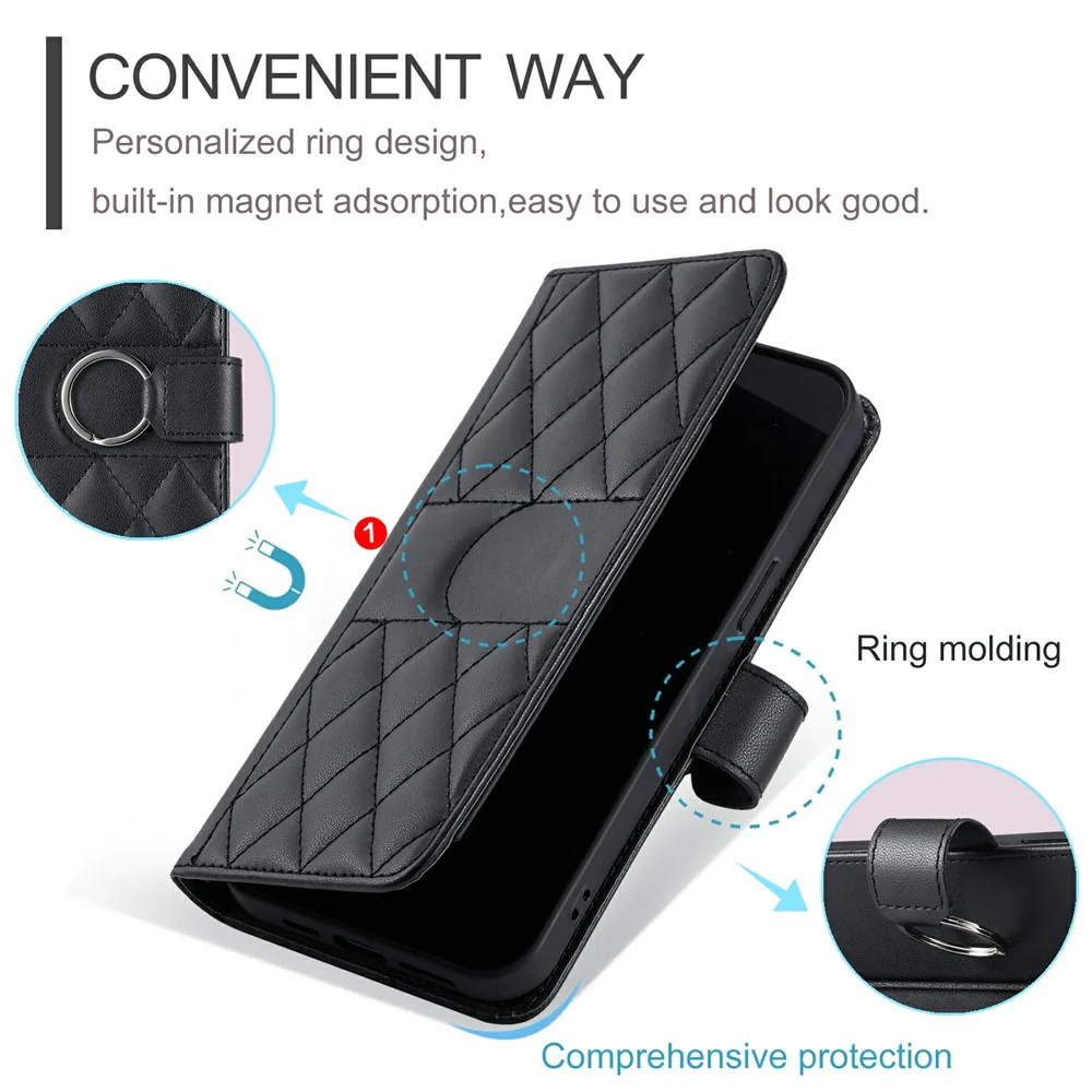 For iPhone 17 Pro Max Case Ring Buckle Wallet Stand Rhombus Crossbody Leather Mobile Cover - Black - Image 5
