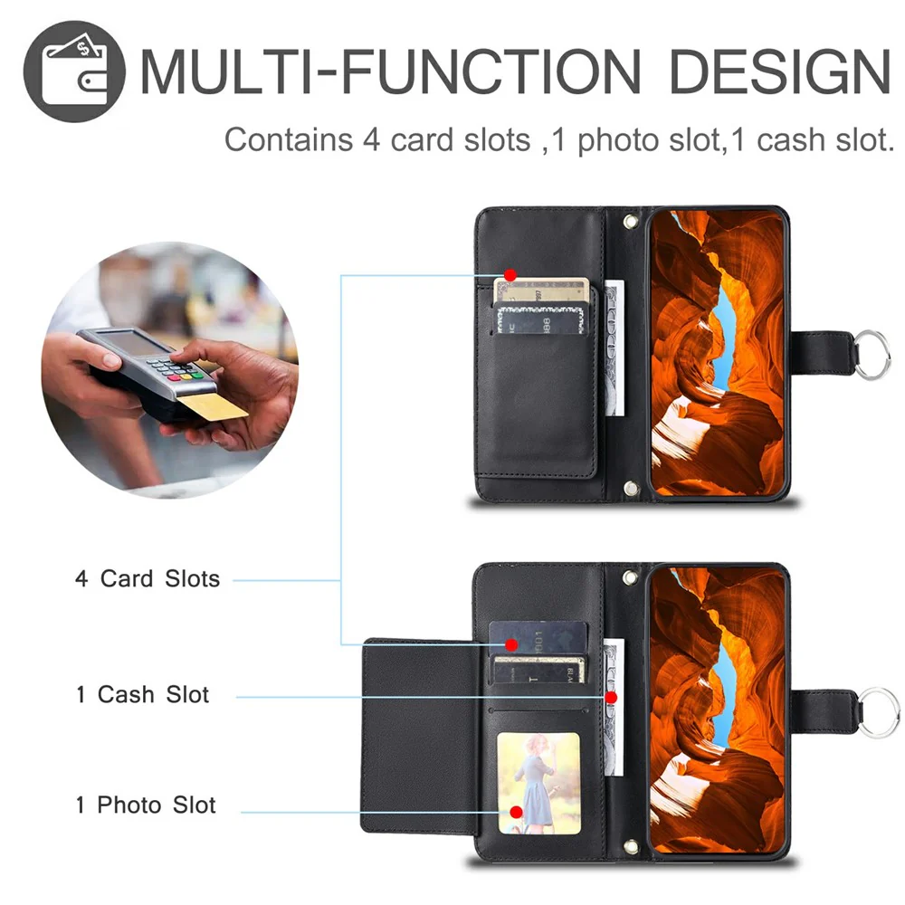 For iPhone 17 Pro Max Case Ring Buckle Wallet Stand Rhombus Crossbody Leather Mobile Cover - Black - Image 6