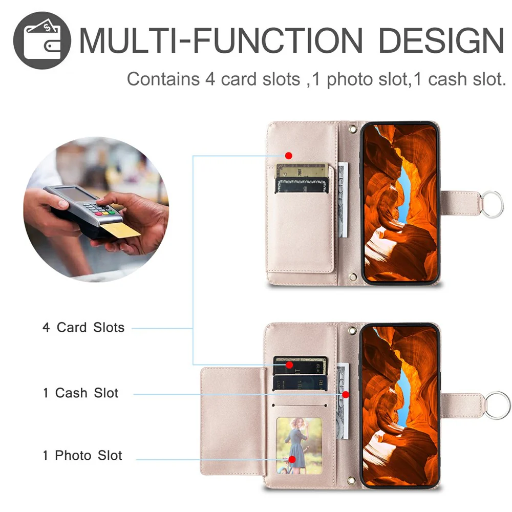 For iPhone 17 Pro Max Case Ring Buckle Wallet Stand Rhombus Crossbody Leather Mobile Cover - Rose Gold - Image 6