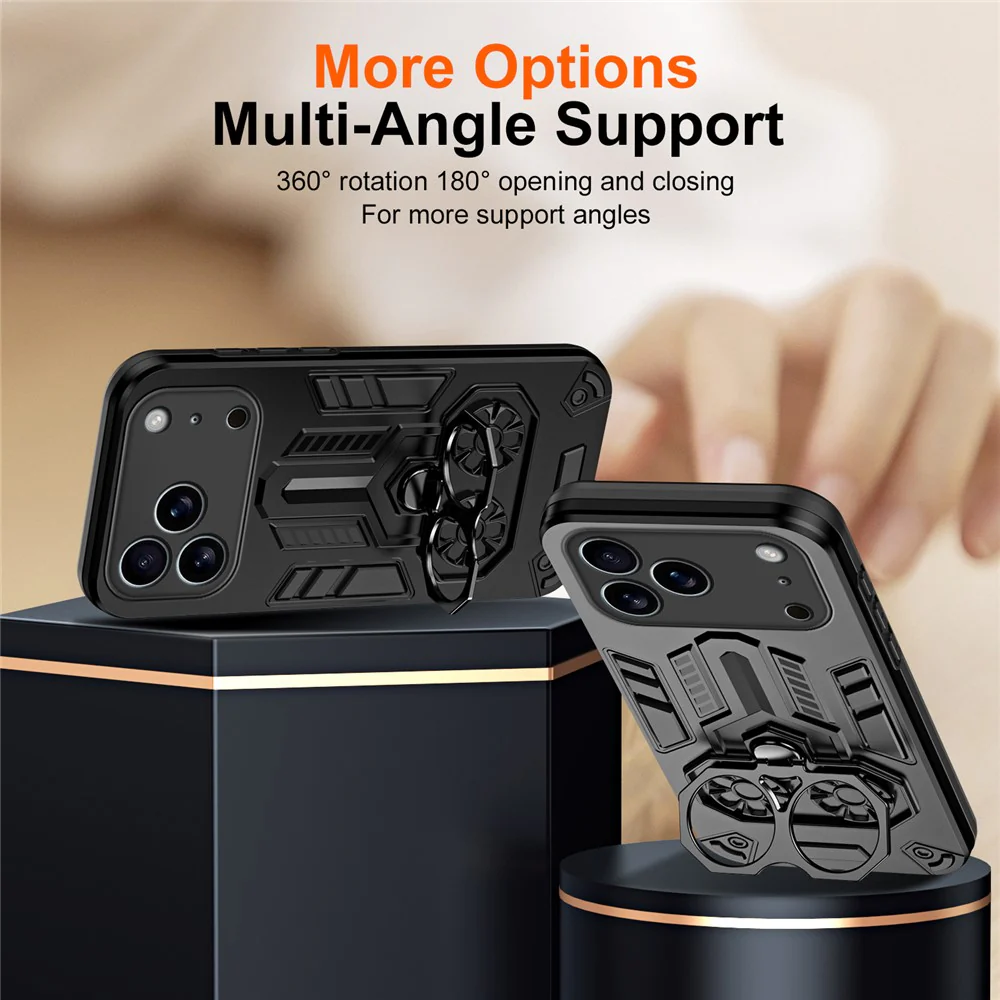For iPhone 17 Pro Max Case Ring Holder Kickstand PC + TPU Shockproof Phone Cover - Black - Image 4