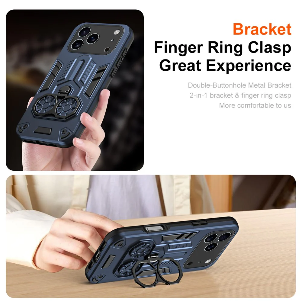For iPhone 17 Pro Max Case Ring Holder Kickstand PC + TPU Shockproof Phone Cover - Navy Blue - Image 2
