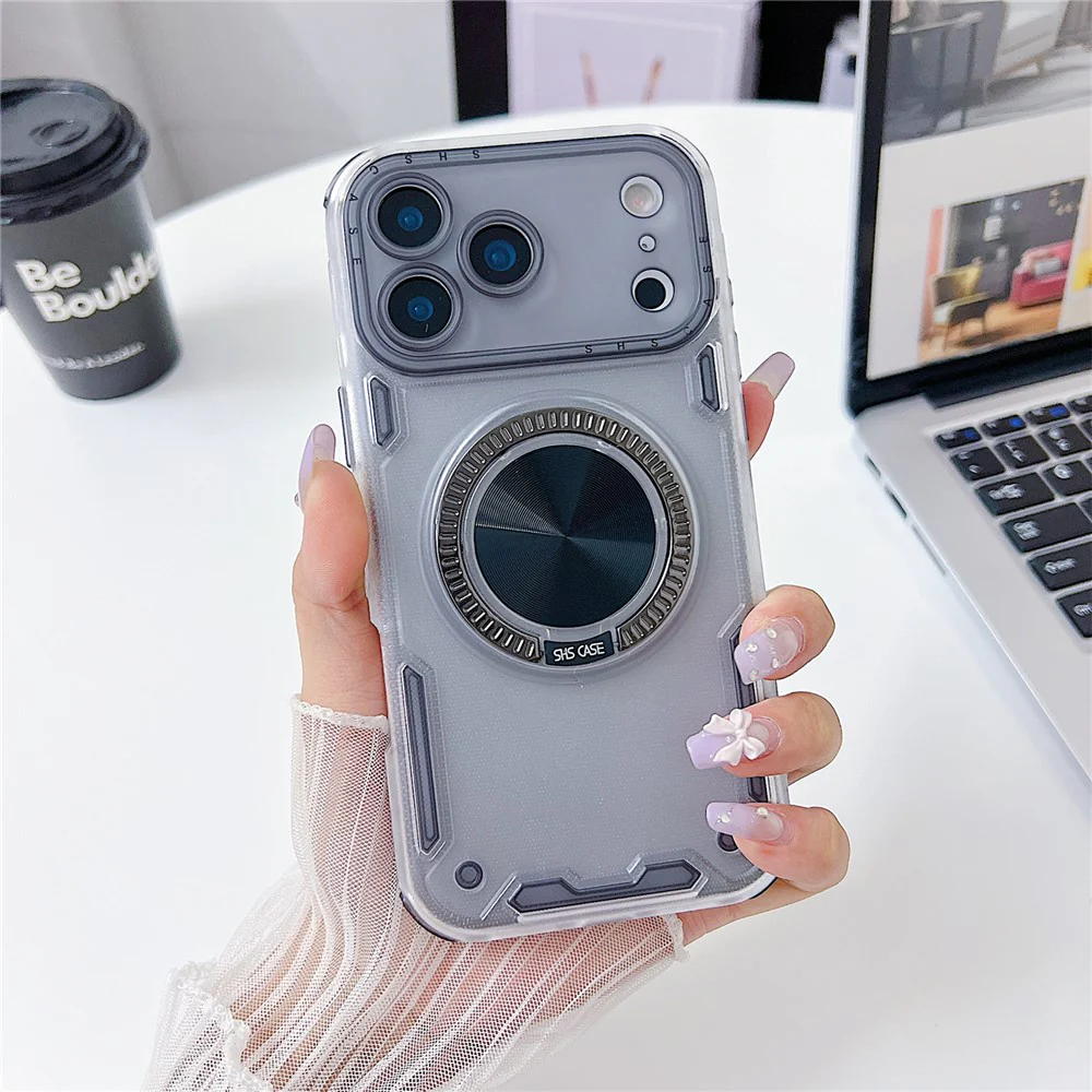 For iPhone 17 Pro Max Case Ring Kickstand PC + TPU Translucent Phone Back Cover - Black