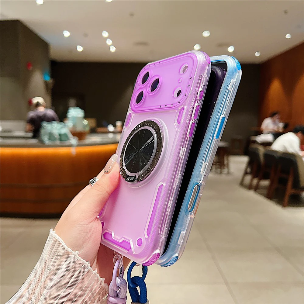 For iPhone 17 Pro Max Case Ring Kickstand PC + TPU Translucent Phone Back Cover with Hand Strap - Black - Image 6