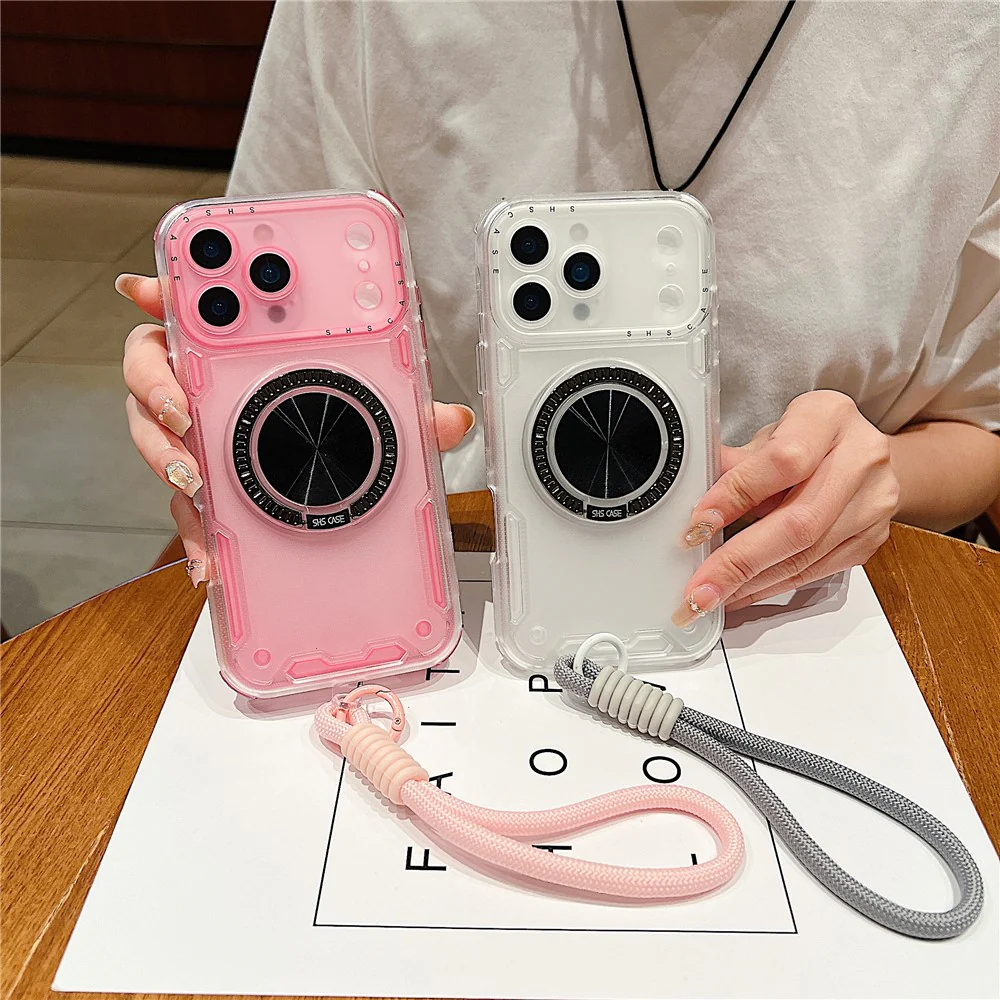 For iPhone 17 Pro Max Case Ring Kickstand PC + TPU Translucent Phone Back Cover with Hand Strap - Pink - Image 4