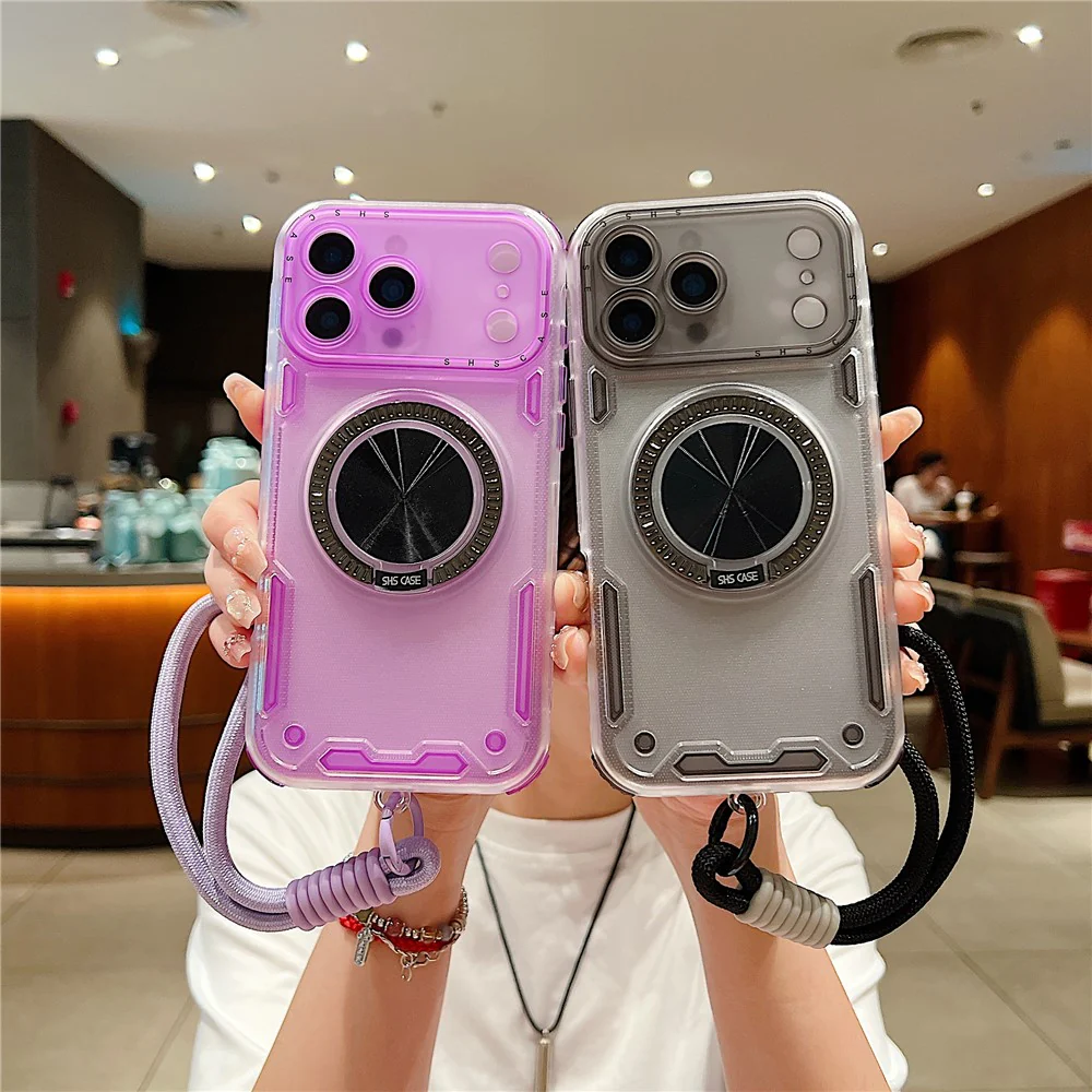 For iPhone 17 Pro Max Case Ring Kickstand PC + TPU Translucent Phone Back Cover with Hand Strap - Pink - Image 7