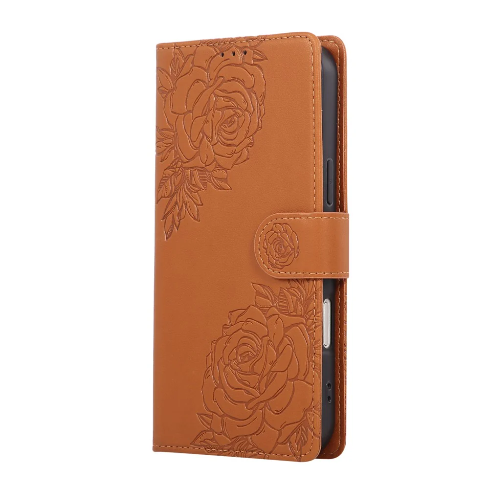 For iPhone 17 Pro Max Case Rose Flower PU Leather Wallet Phone Cover with 3 Card Slots / Wrist Strap - Brown - Image 6