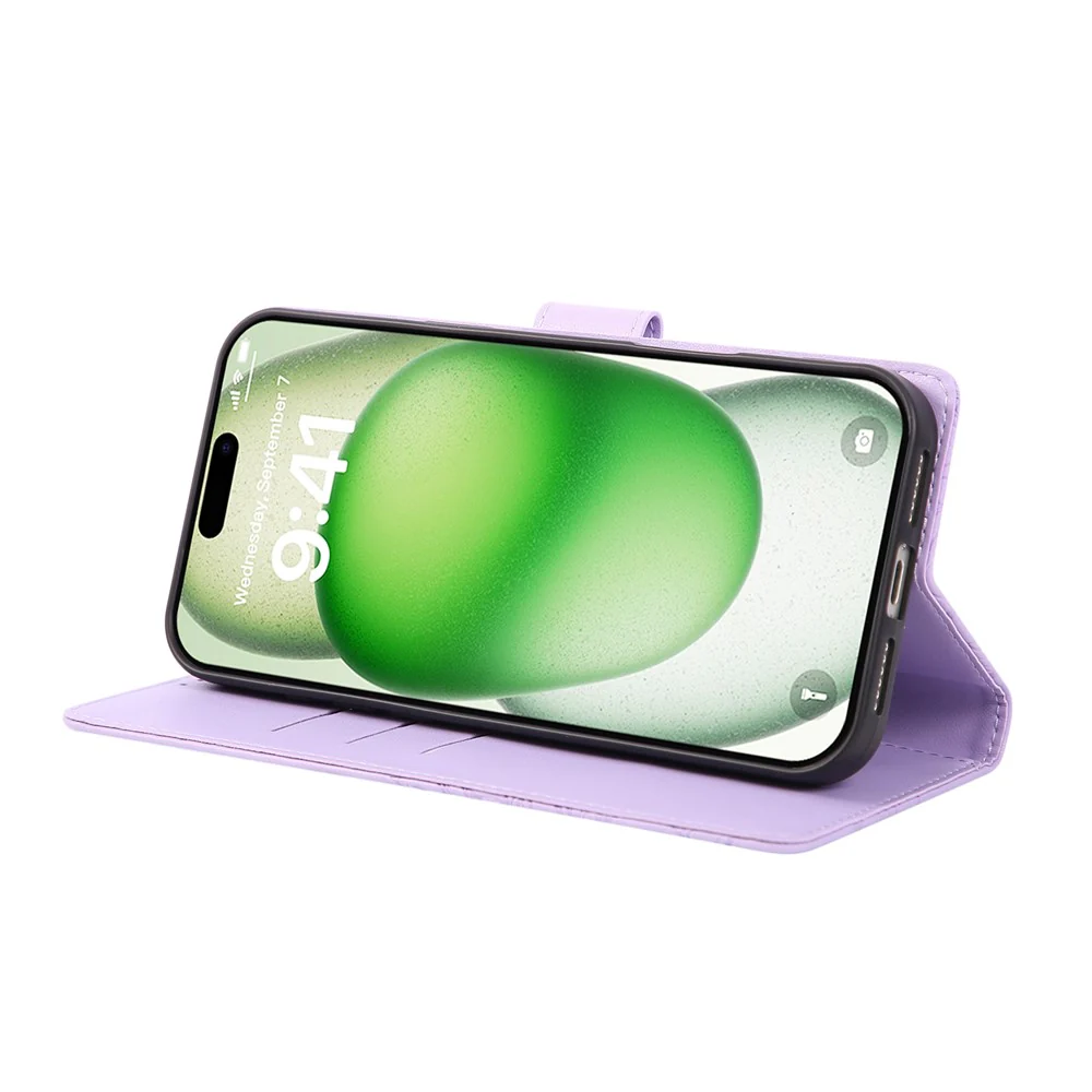 For iPhone 17 Pro Max Case Rose Flower PU Leather Wallet Phone Cover with 3 Card Slots / Wrist Strap - Light Purple - Image 3