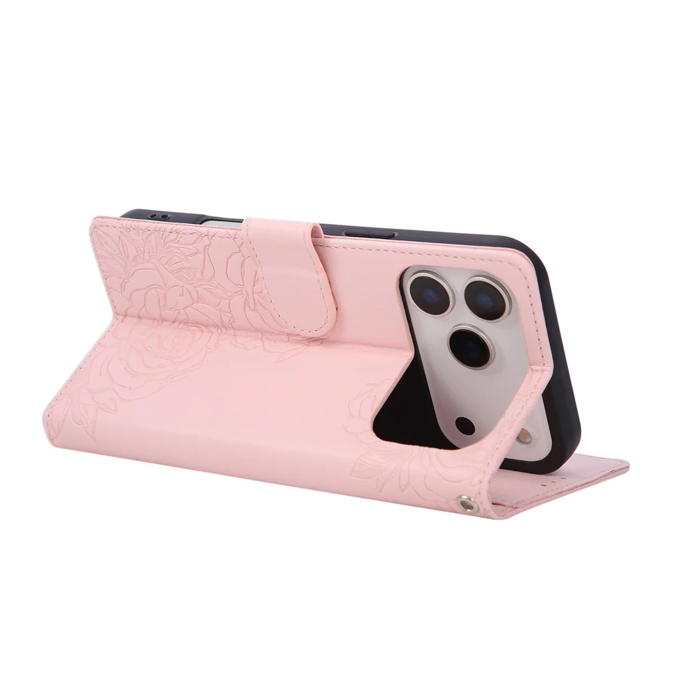 For iPhone 17 Pro Max Case Rose Flower PU Leather Wallet Phone Cover with 3 Card Slots / Wrist Strap - Rose Gold - Image 2