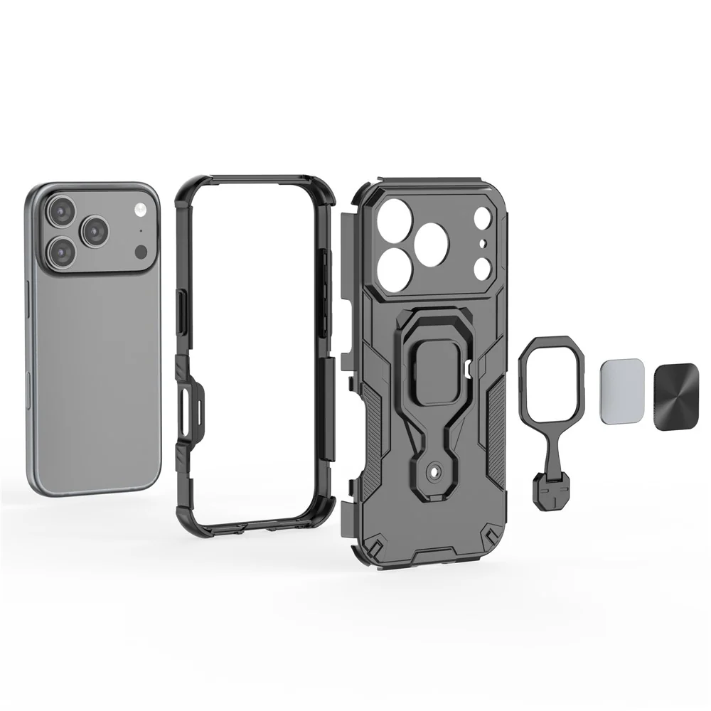 For iPhone 17 Pro Max Case Rotatable Ring Kickstand PC + TPU Shockproof Phone Cover - Navy Blue - Image 3