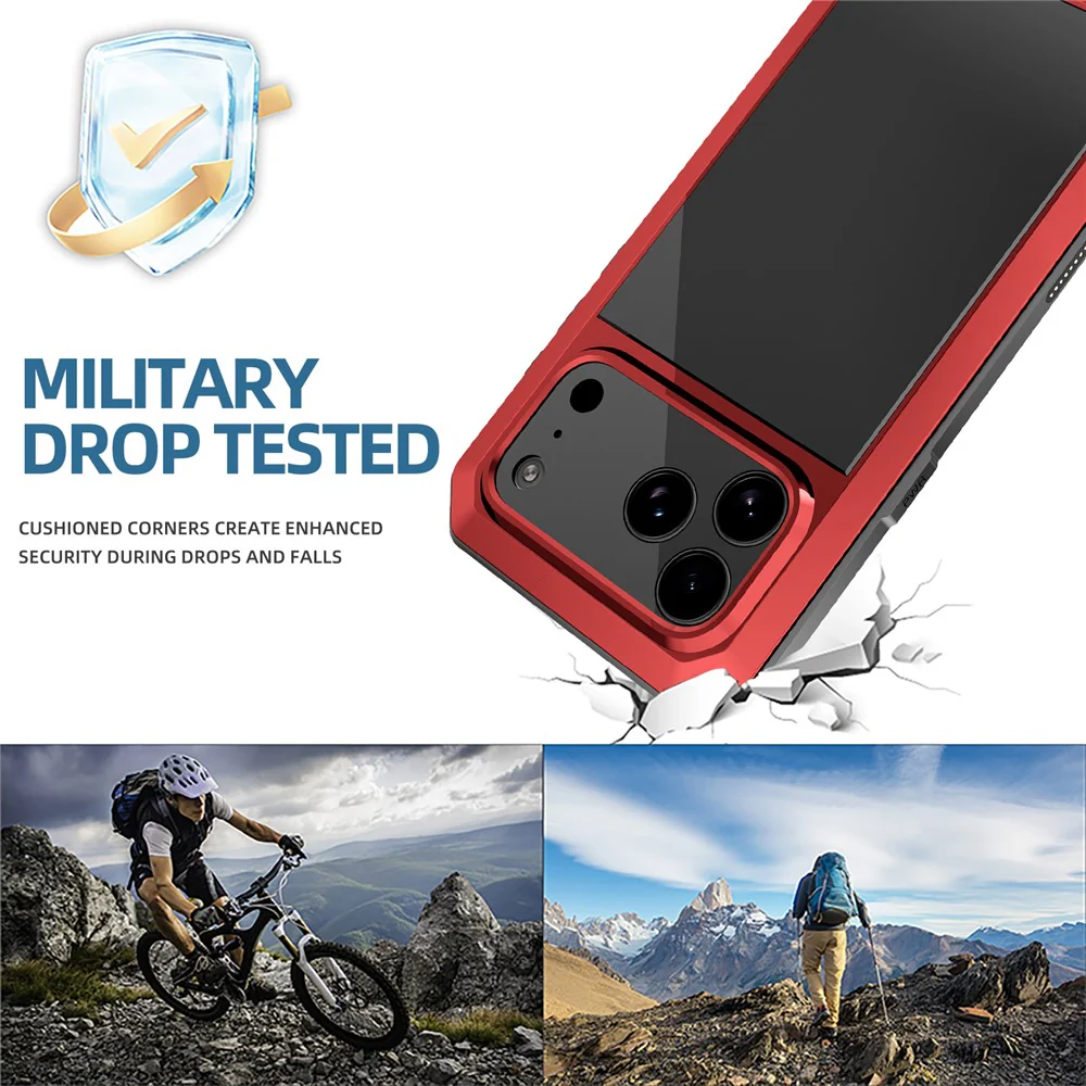 For iPhone 17 Pro Max Case Silicone + Metal Phone Cover with Tempered Glass Screen Protector - Red - Image 2