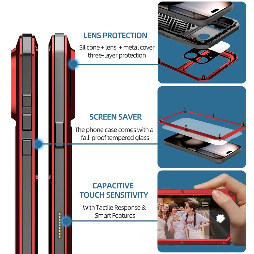 For iPhone 17 Pro Max Case Silicone + Metal Phone Cover with Tempered Glass Screen Protector - Red - Image 5