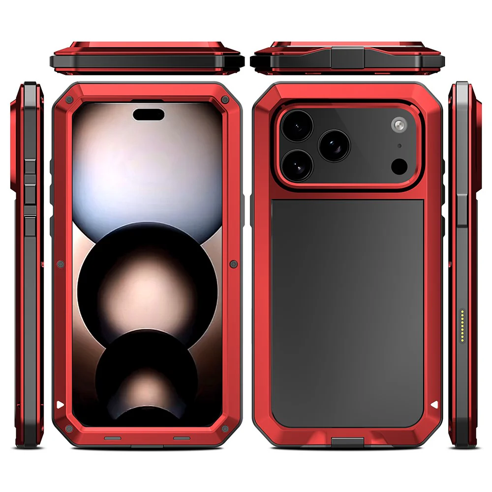 For iPhone 17 Pro Max Case Silicone + Metal Phone Cover with Tempered Glass Screen Protector - Red - Image 6