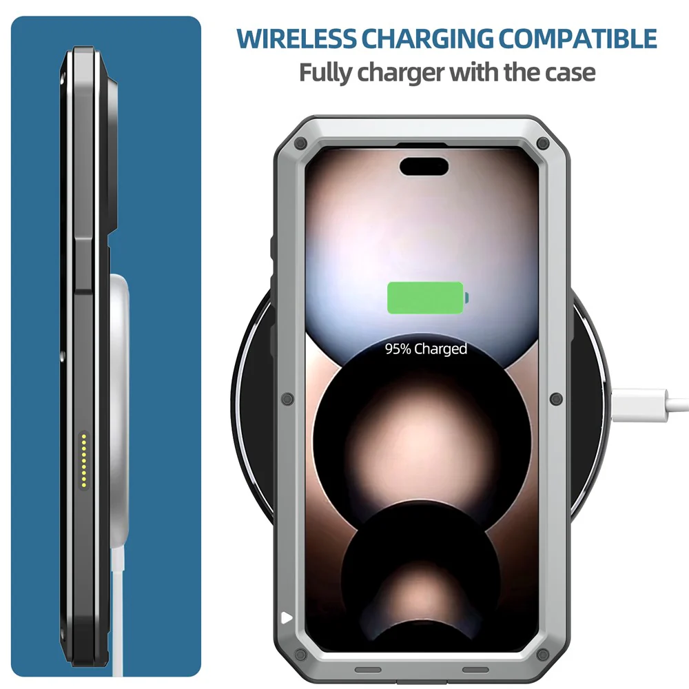 For iPhone 17 Pro Max Case Silicone + Metal Phone Cover with Tempered Glass Screen Protector - Silver - Image 4