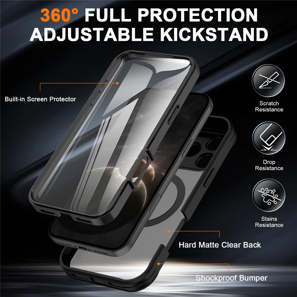 For iPhone 17 Pro Max Case Skin Touch Solid Color TPU + PC Phone Cover with Magnetic Kickstand - Black - Image 4
