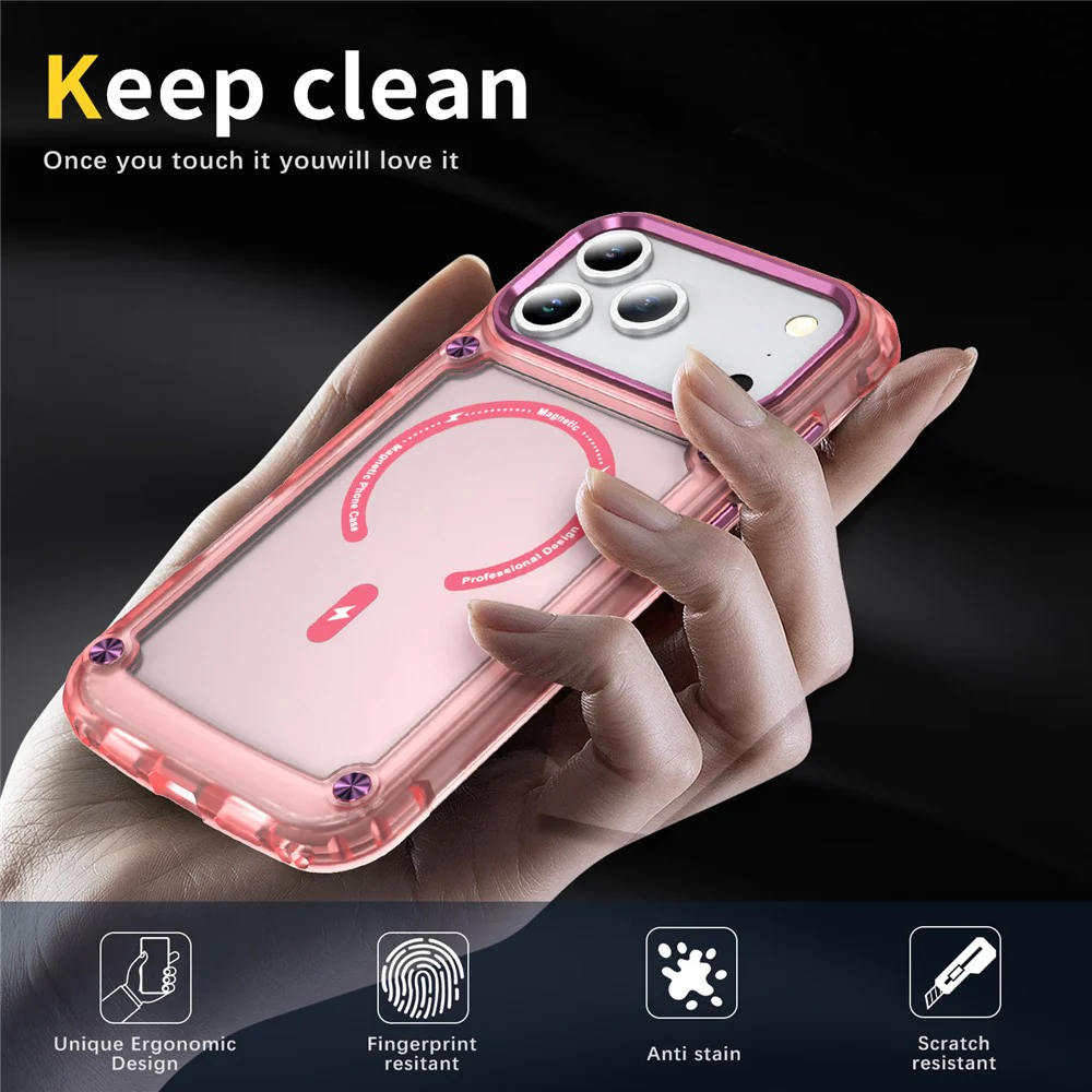 For iPhone 17 Pro Max Case Skin Touch TPU + PC Phone Cover with C-type Magnetic Ring - Transparent Pink - Image 3