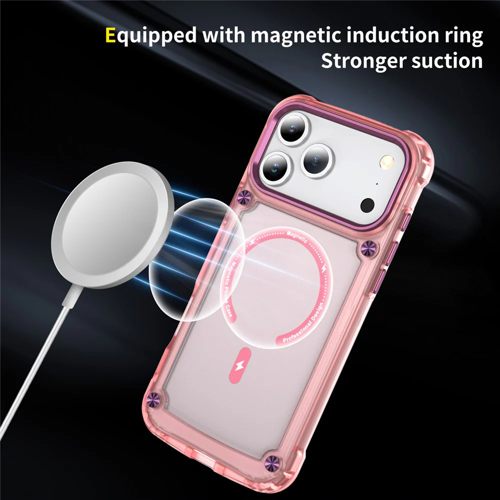 For iPhone 17 Pro Max Case Skin Touch TPU + PC Phone Cover with C-type Magnetic Ring - Transparent Pink - Image 4