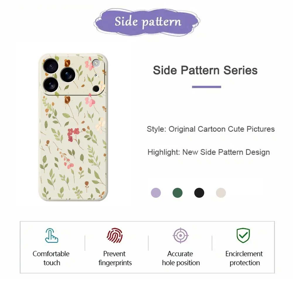 For iPhone 17 Pro Max Case Small Flower Leaves Pattern Printing Straight Edge TPU Phone Back Cover - Black - Image 2