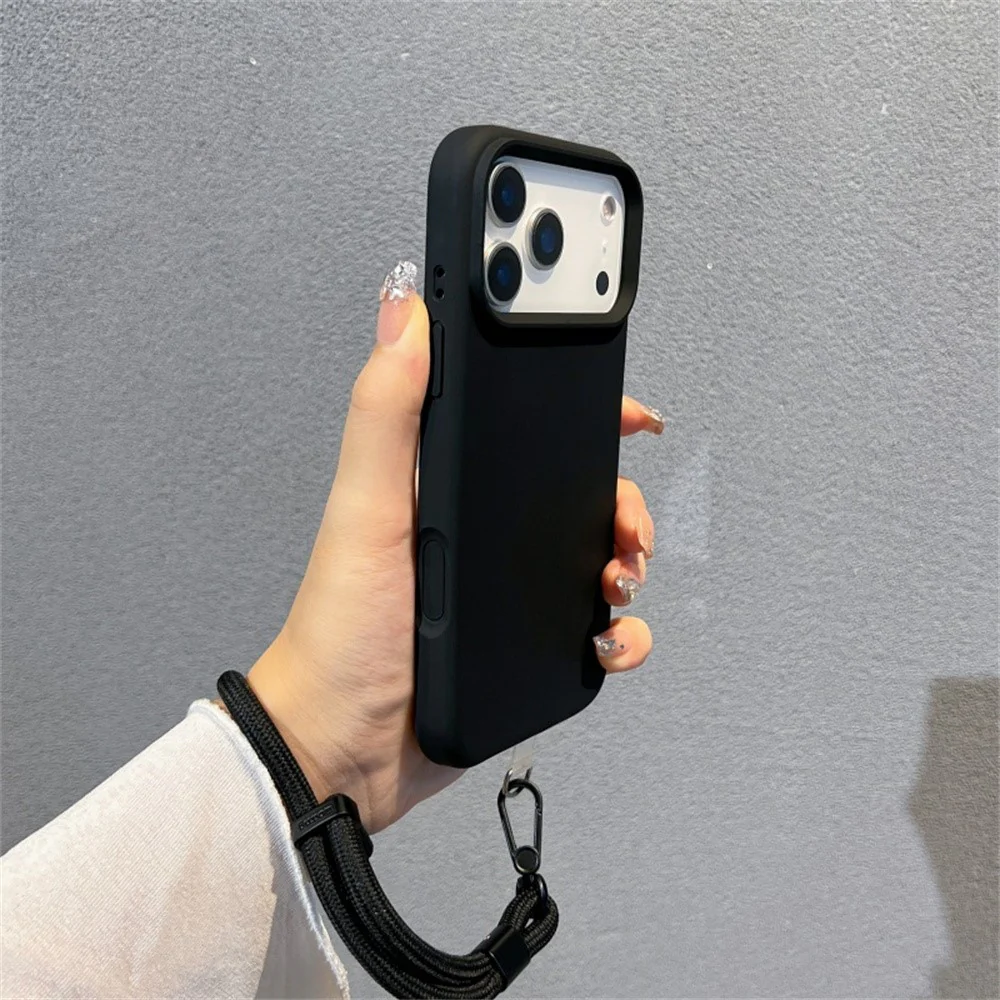 For iPhone 17 Pro Max Case Soft Microfiber Lining Liquid Silicone + PC Phone Cover with Wrist Strap - Black - Image 2