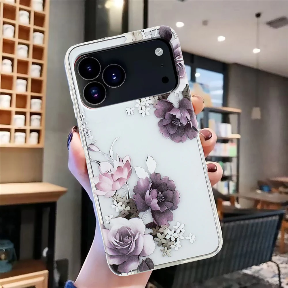 For iPhone 17 Pro Max Case Soft TPU Phone Back Cover Pattern Printing - Purple Peony - Image 5