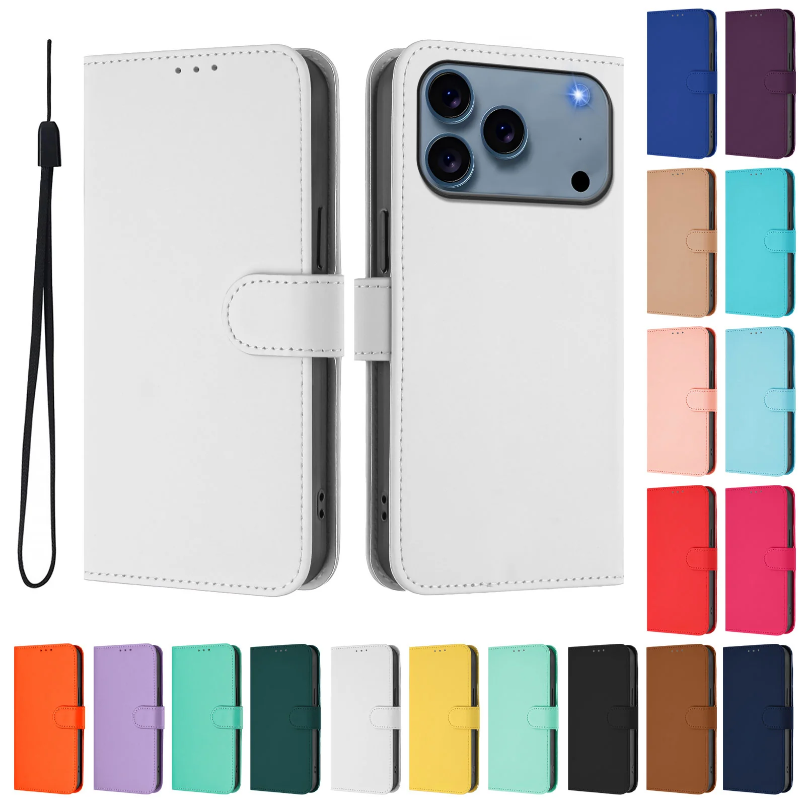 For iPhone 17 Pro Max Case Solid Color Wallet Leather Phone Cover with Strap - White - Image 3