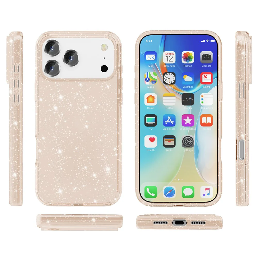 For iPhone 17 Pro Max Case Sparkly Powder Glitter Shiny Soft TPU + Hard PC Back Cover - Gold - Image 7
