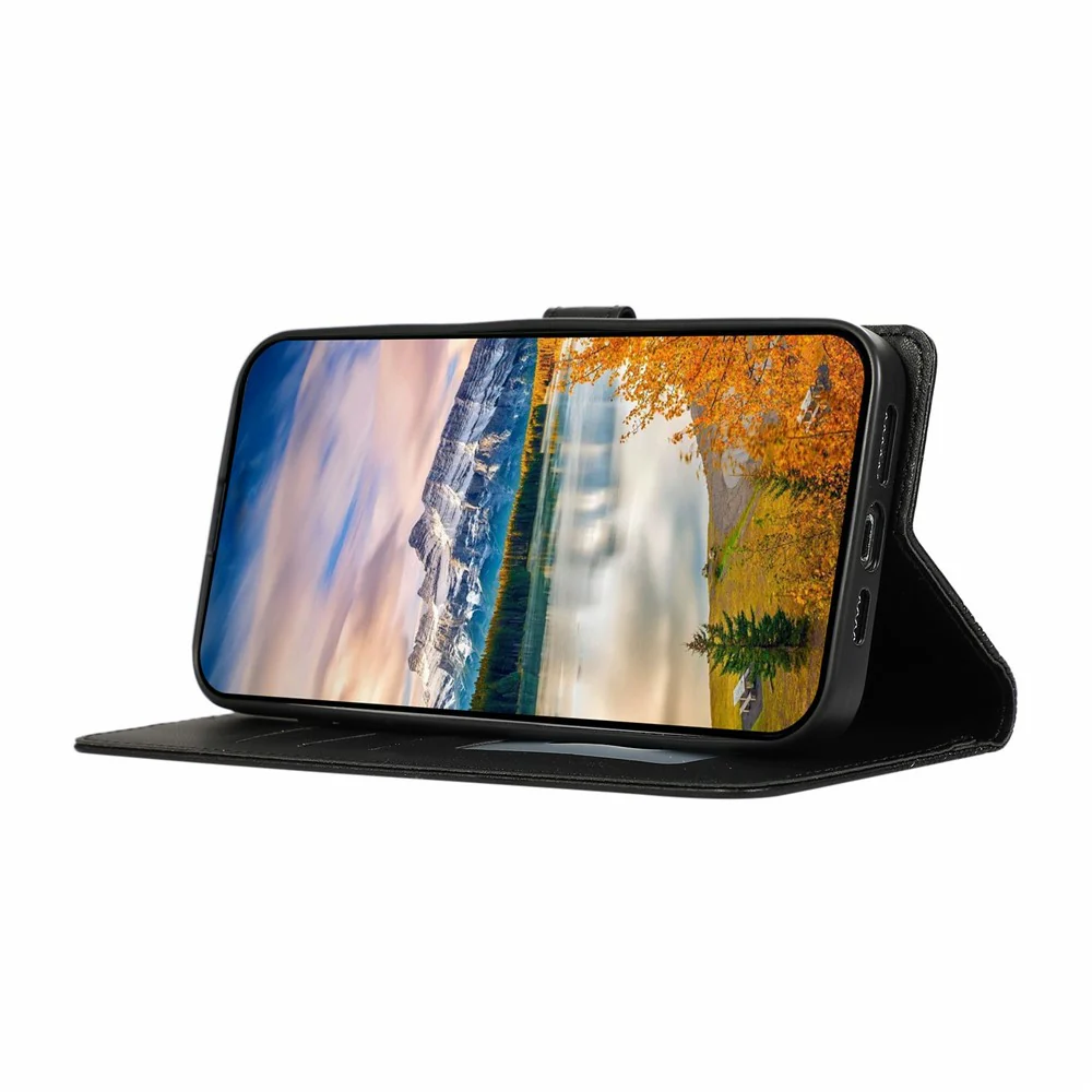 For iPhone 17 Pro Max Case Splicing Imprinted Rhombus Leather Phone Cover with Wrist Strap - Black - Image 3