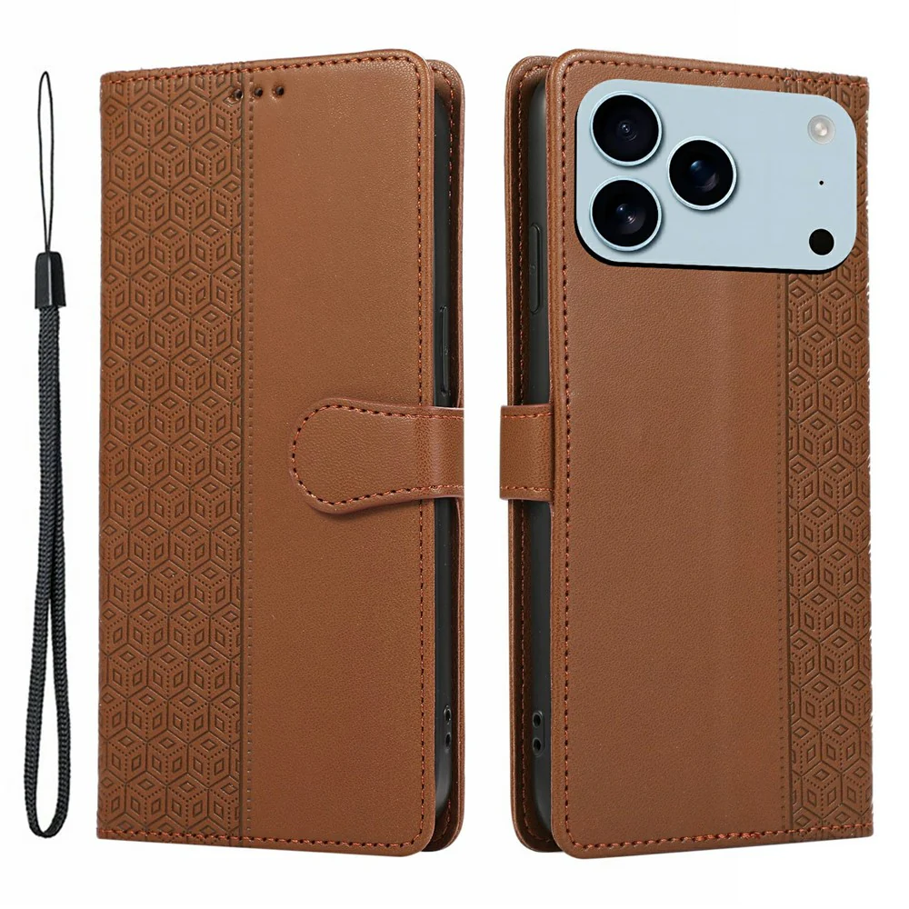 For iPhone 17 Pro Max Case Splicing Imprinted Rhombus Leather Phone Cover with Wrist Strap - Brown