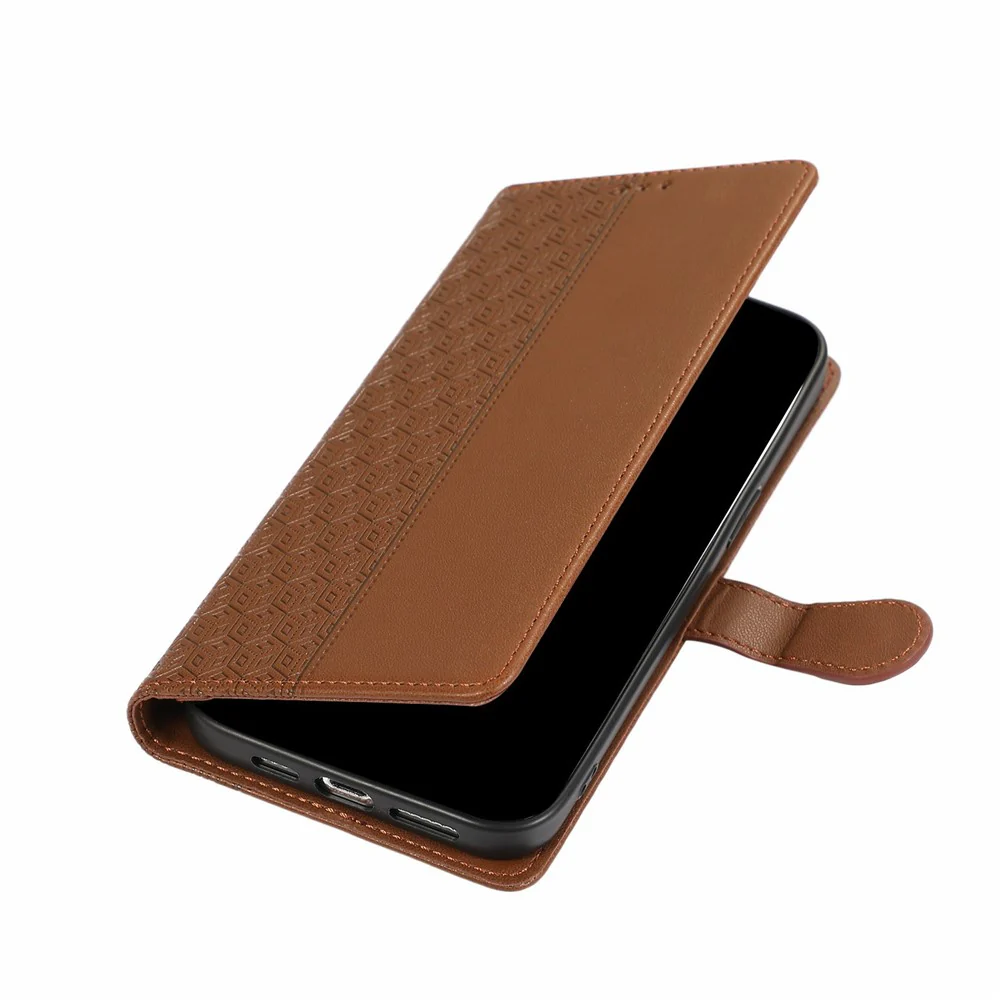 For iPhone 17 Pro Max Case Splicing Imprinted Rhombus Leather Phone Cover with Wrist Strap - Brown - Image 5