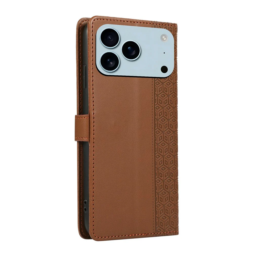 For iPhone 17 Pro Max Case Splicing Imprinted Rhombus Leather Phone Cover with Wrist Strap - Brown - Image 8