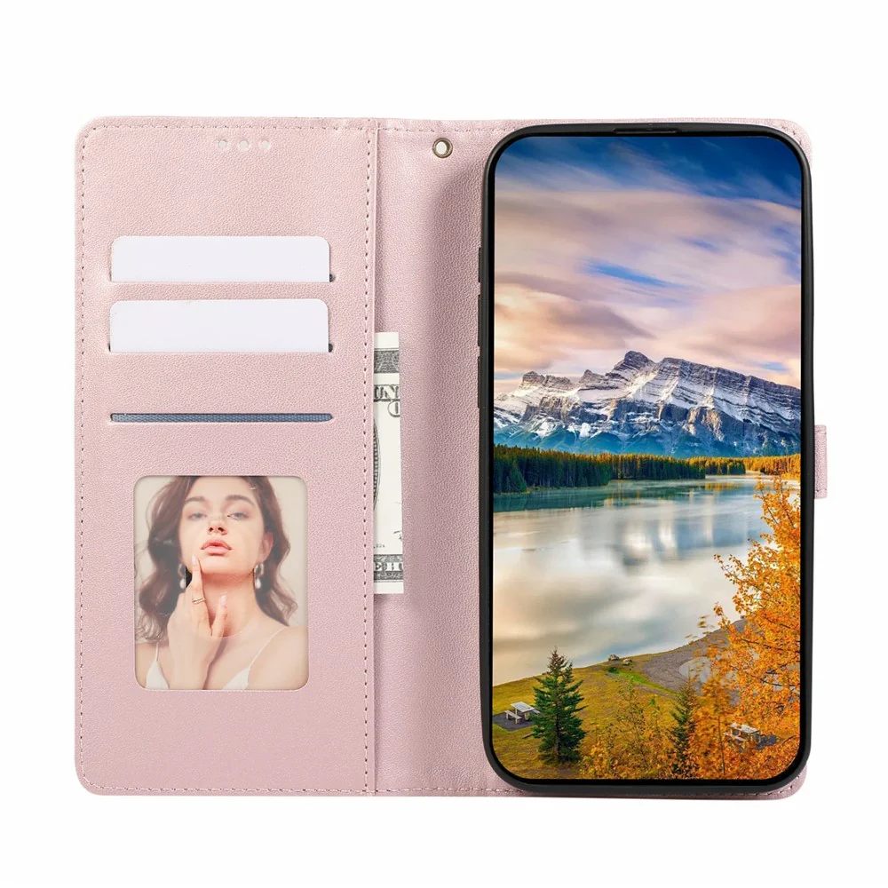 For iPhone 17 Pro Max Case Splicing Imprinted Rhombus Leather Phone Cover with Wrist Strap - Rose Gold - Image 2