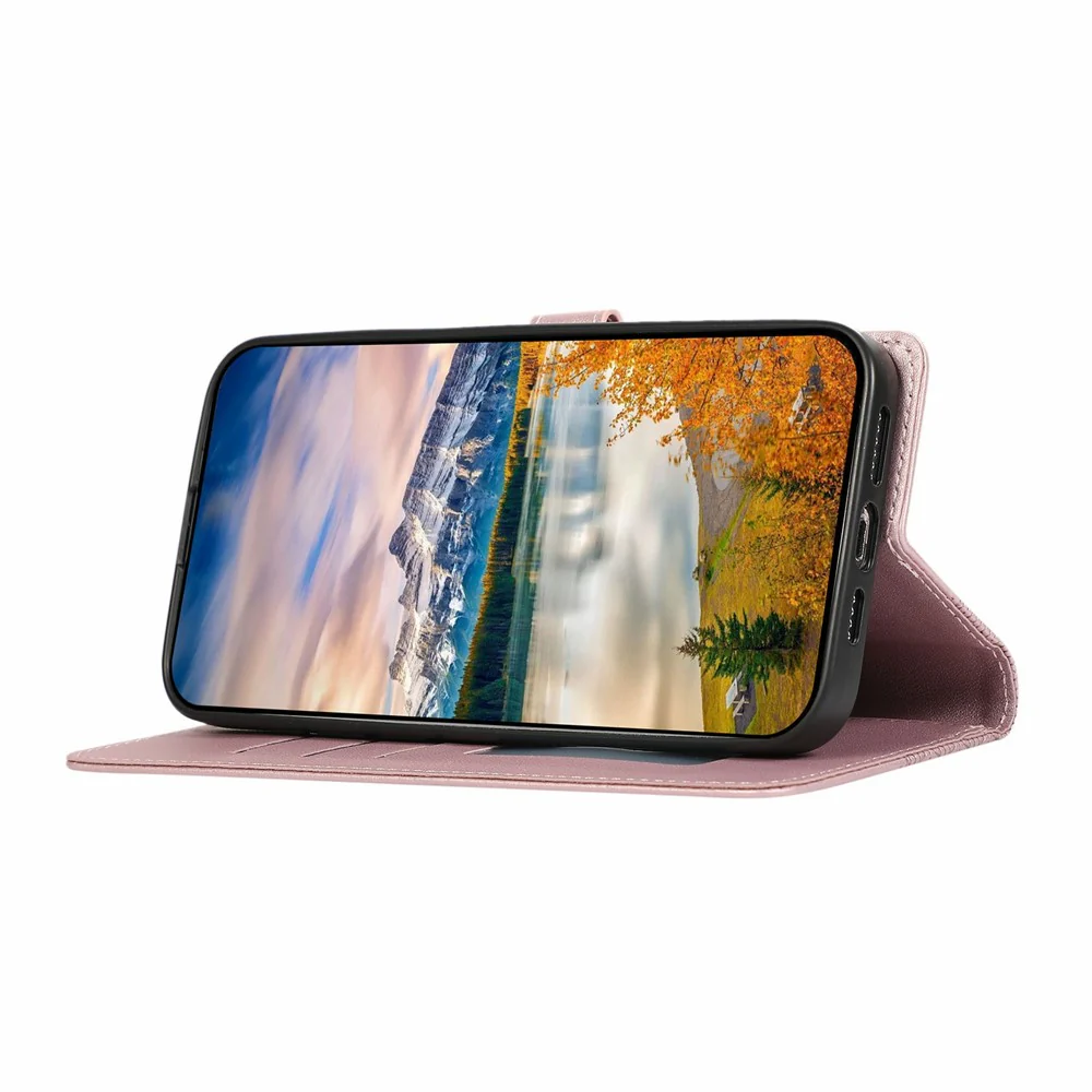 For iPhone 17 Pro Max Case Splicing Imprinted Rhombus Leather Phone Cover with Wrist Strap - Rose Gold - Image 3