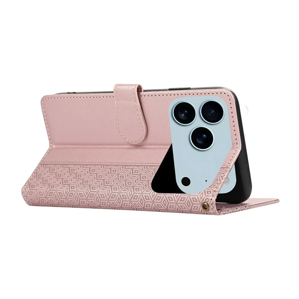 For iPhone 17 Pro Max Case Splicing Imprinted Rhombus Leather Phone Cover with Wrist Strap - Rose Gold - Image 4