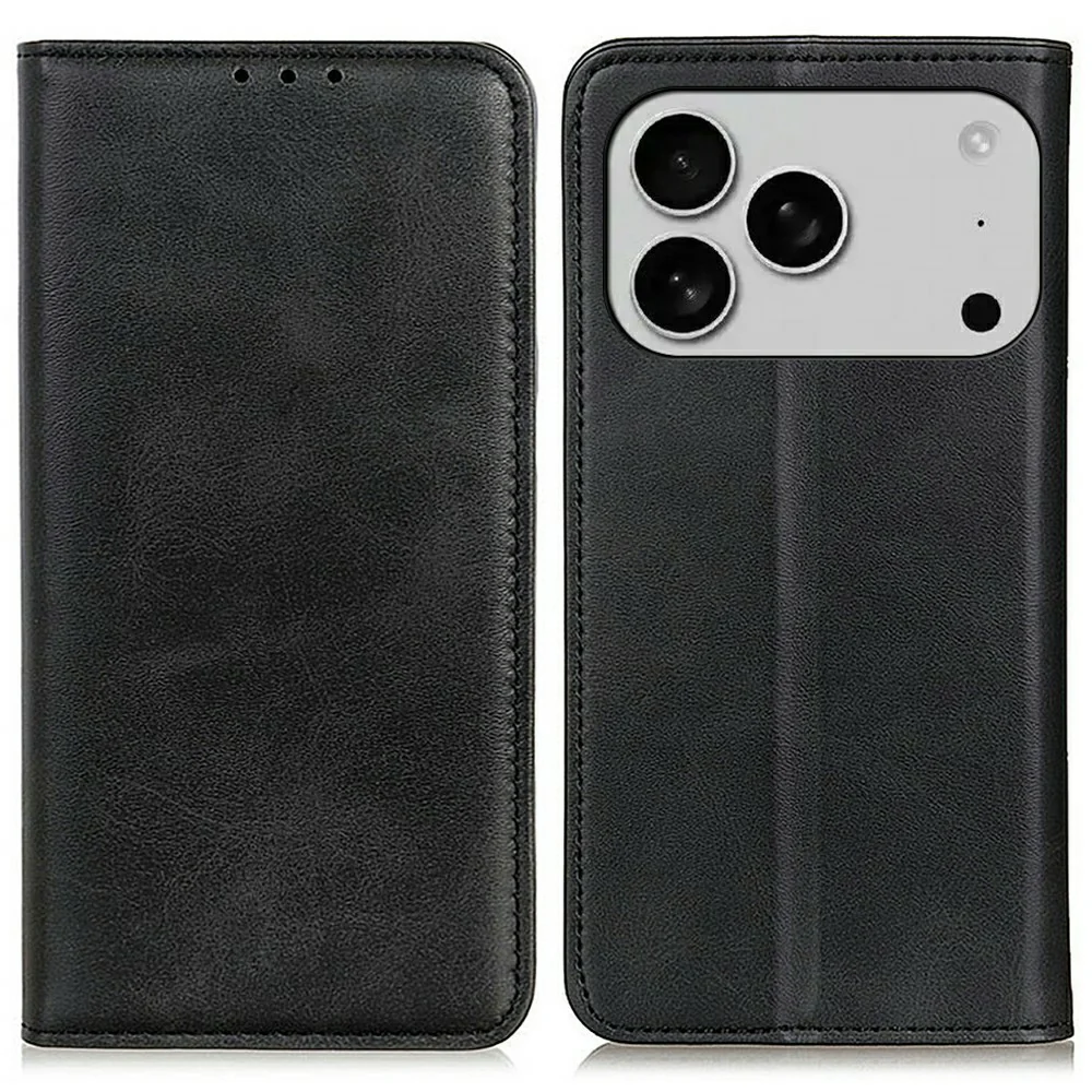 For iPhone 17 Pro Max Case Split Leather Flip Wallet Phone Cover - Black