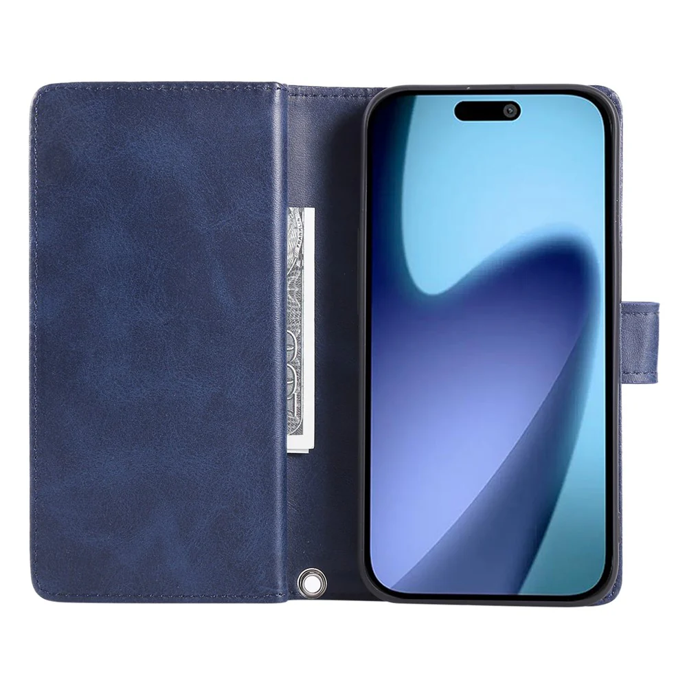 For iPhone 17 Pro Max Case Split Leather Magnetic Wallet Phone Protector with Wrist Strap - Blue - Image 2
