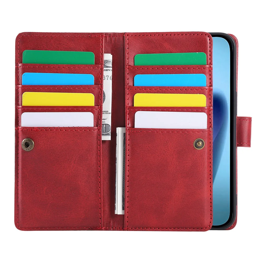 For iPhone 17 Pro Max Case Split Leather Magnetic Wallet Phone Protector with Wrist Strap - Red - Image 3