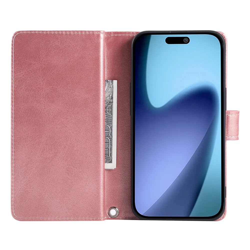 For iPhone 17 Pro Max Case Split Leather Magnetic Wallet Phone Protector with Wrist Strap - Rose Gold - Image 2