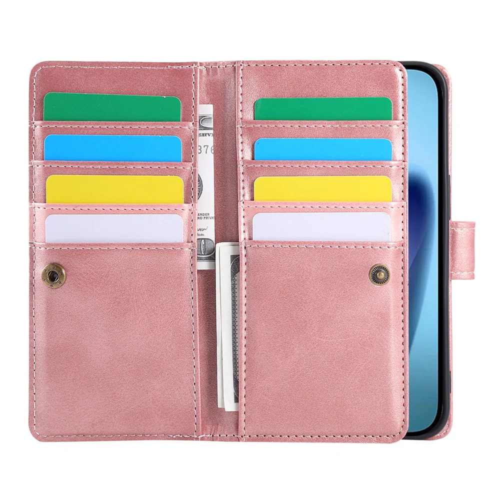 For iPhone 17 Pro Max Case Split Leather Magnetic Wallet Phone Protector with Wrist Strap - Rose Gold - Image 3