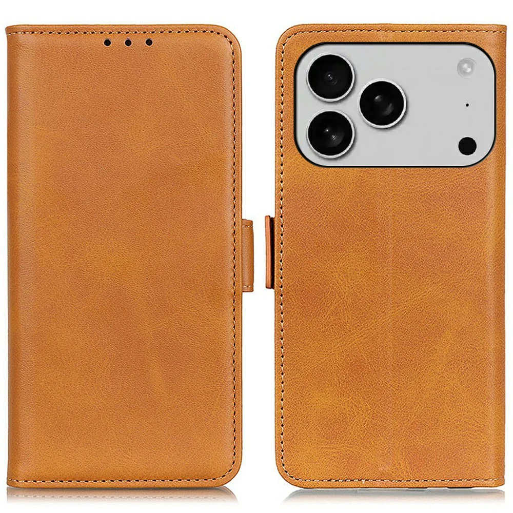 For iPhone 17 Pro Max Case Stand Cowhide Texture PU Leather Phone Cover - Yellow