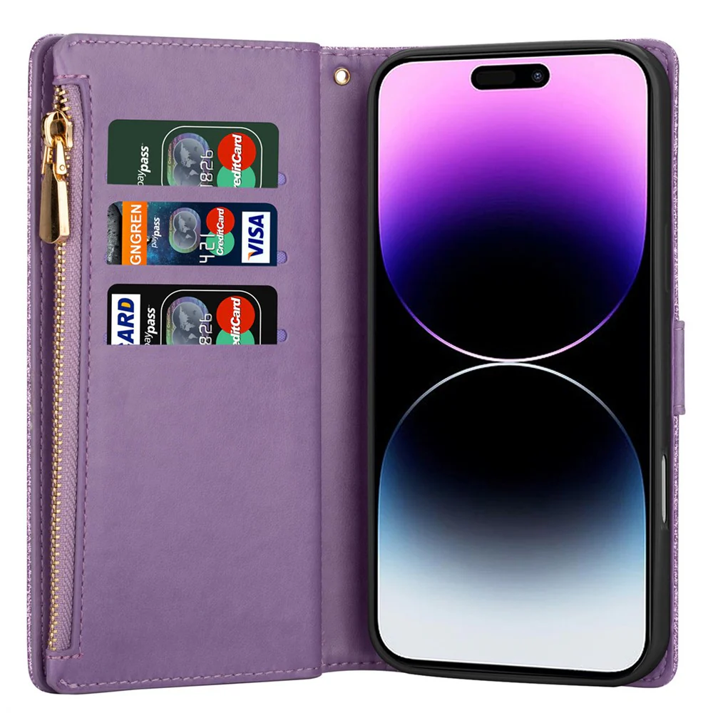 For iPhone 17 Pro Max Case Starry Sky Carving Leather Wallet Phone Cover with Wrist Strap - Purple - Image 2