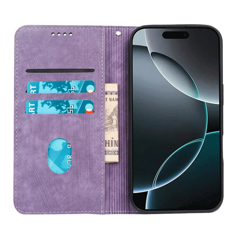 For iPhone 17 Pro Max Case Strong Magnetic Leather Wallet Phone Cover with Striped Texture - Purple - Image 3
