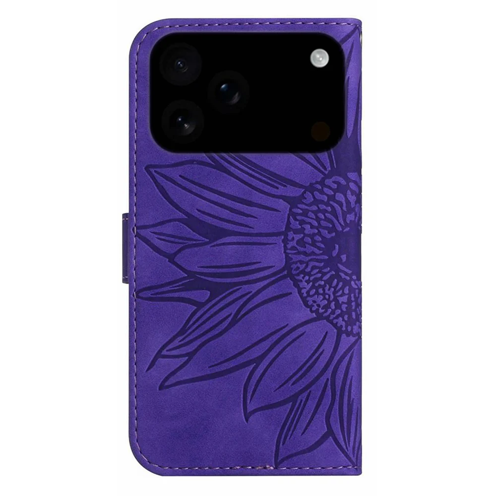For iPhone 17 Pro Max Case Sunflower Imprint Leather Wallet Phone Cover with Wrist Strap - Dark Purple - Image 7