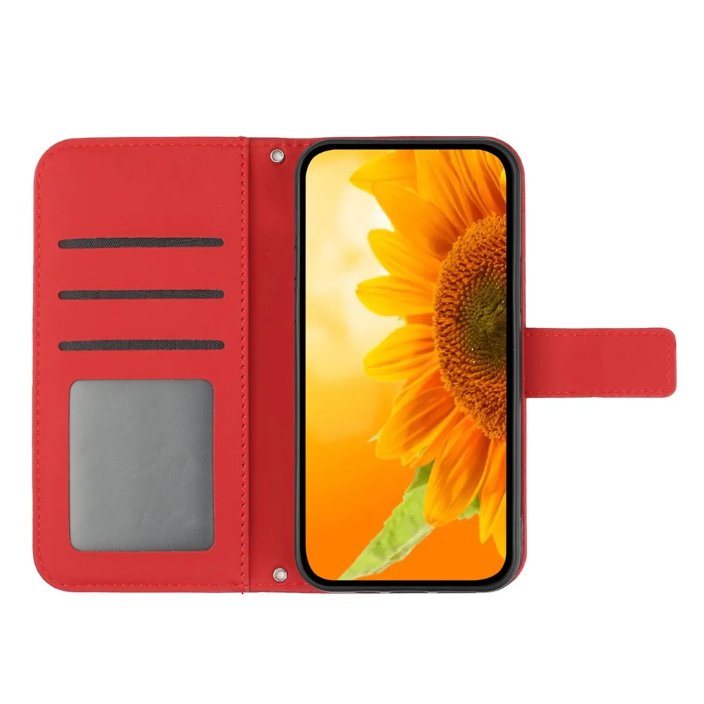 For iPhone 17 Pro Max Case Sunflower Imprint Leather Wallet Phone Cover with Wrist Strap - Red - Image 2