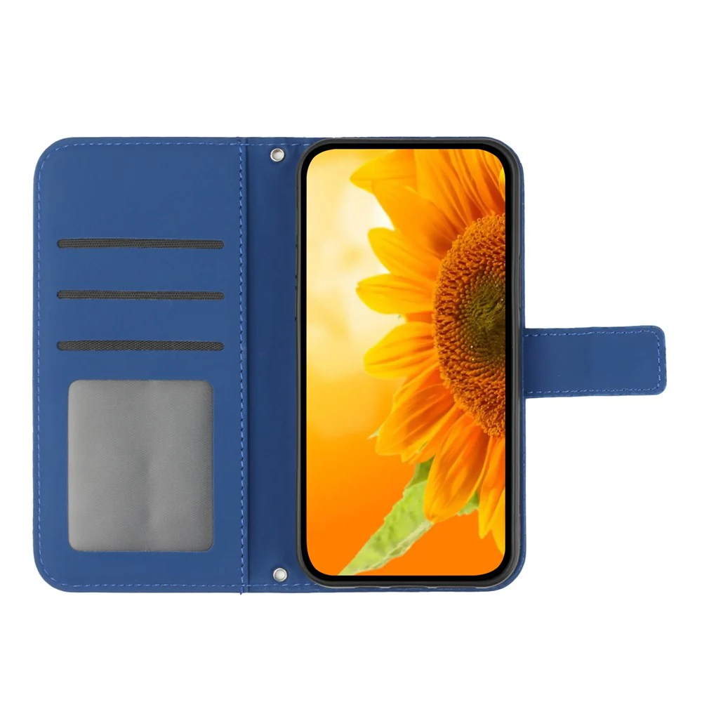 For iPhone 17 Pro Max Case Sunflower Imprint Leather Wallet Phone Cover with Wrist Strap - Sapphire - Image 2