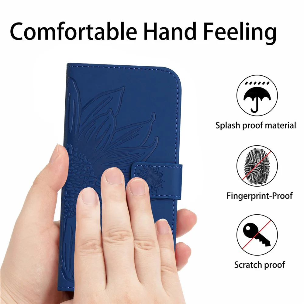 For iPhone 17 Pro Max Case Sunflower Imprint Leather Wallet Phone Cover with Wrist Strap - Sapphire - Image 4