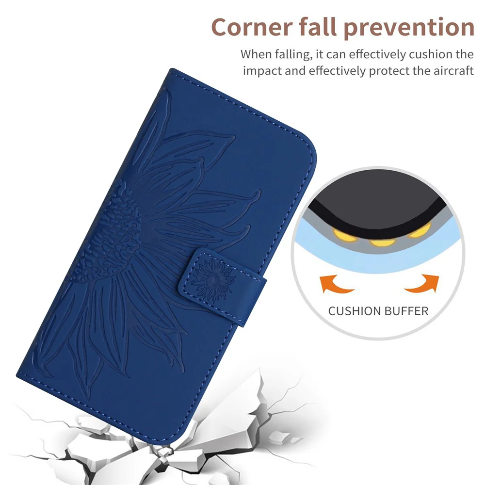 For iPhone 17 Pro Max Case Sunflower Imprint Leather Wallet Phone Cover with Wrist Strap - Sapphire - Image 5