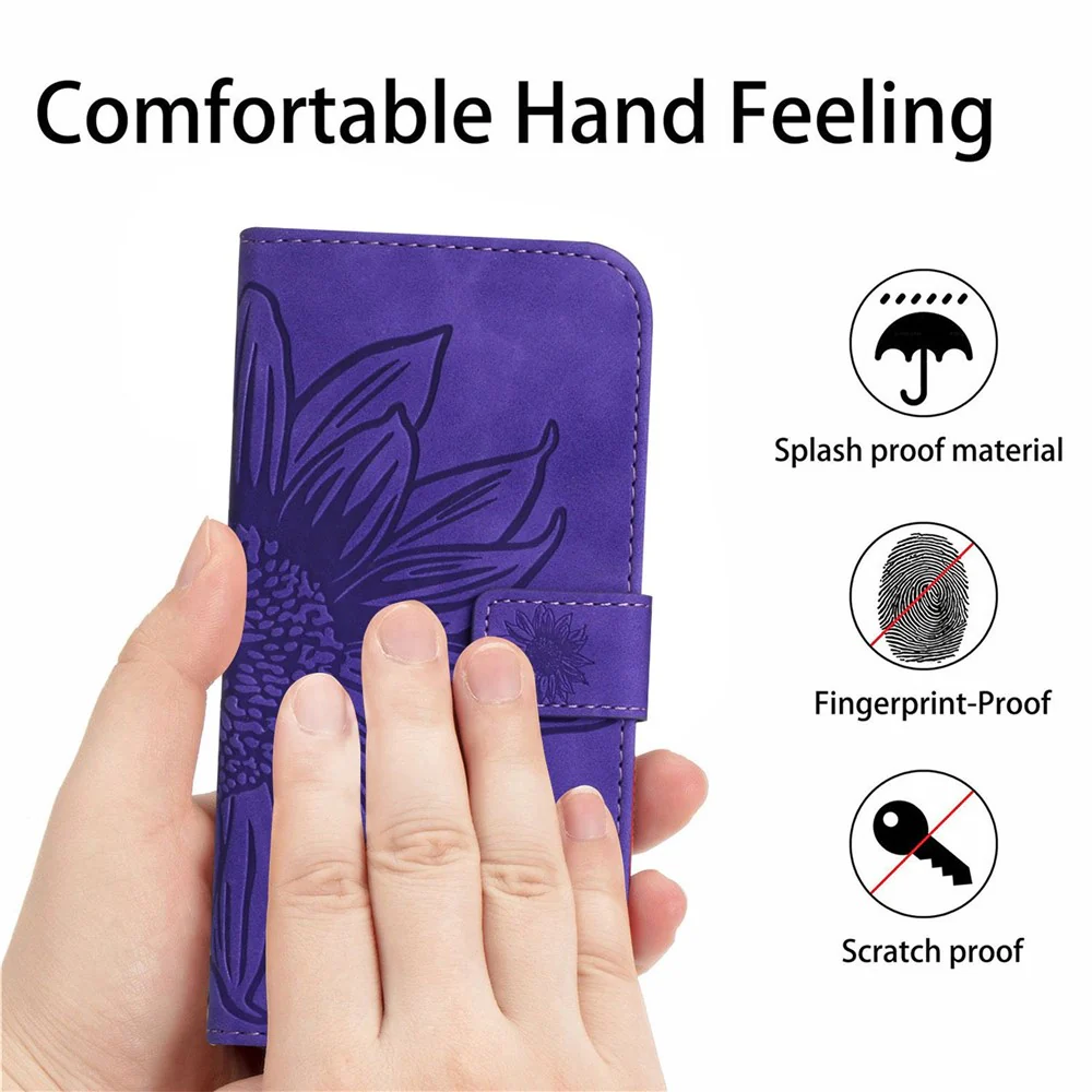 For iPhone 17 Pro Max Case Sunflower Imprint PU Leather Phone Cover with Long Strap - Dark Purple - Image 4