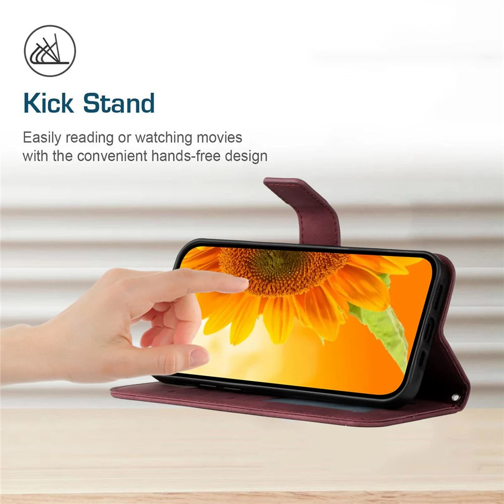 For iPhone 17 Pro Max Case Sunflower Imprint PU Leather Phone Cover with Long Strap - Wine Red - Image 3