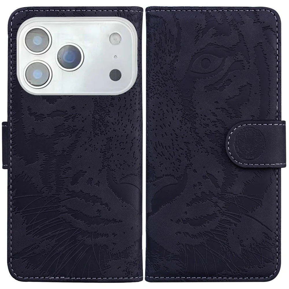 For iPhone 17 Pro Max Case Tiger Imprint Leather Wallet Phone Cover - Black